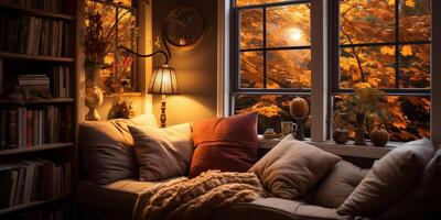 AI generated Interior Design Cozy modern Reading Nook, Warm light Radiate peaceful and serene atmosphere, home decoration in a country house, comfort at home photo