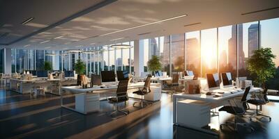 AI generated Interior design Modern Creative office foyer, Corporate open workspace, Coworking office room photo