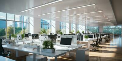 ai generado interior diseño moderno creativo oficina vestíbulo, corporativo abierto espacio de trabajo, trabajo colaborativo oficina habitación foto