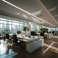 AI generated Interior design Modern Creative office foyer, Corporate open workspace, Coworking office room photo