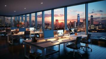 AI generated Interior design Modern Creative office foyer, Corporate open workspace, Coworking office room photo
