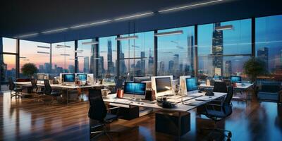 AI generated Interior design Modern Creative office foyer, Corporate open workspace, Coworking office room photo