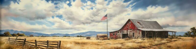 Rural landscape with barn and American flag. Generative AI photo