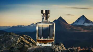 Decanter of whiskey on mountain landscape background. Generative AI photo