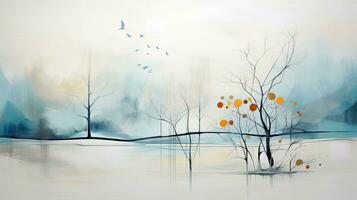 Abstract trees in winter overcast watercolor landscape. Generative AI photo