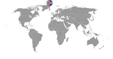 Pin map with Iceland flag on world map. Vector illustration.