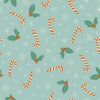 Christmas seamless pattern with holly berry, candy cane and snowflakes on blue background. Retro style hand drawn vector illustration for Winter holidays.