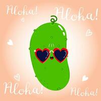 Cute funny Cucumber character. Vector hand drawn cartoon kawaii character illustration icon. Isolated on pink background. Cucumber character concept. Aloha card