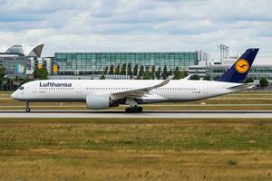 Munich, Germany, 2017 - Lufthansa Airbus A350-900 D-AIXC passenger plane departure and take off at Munich Airport photo