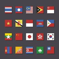 Asia bandera icono conjunto cuadrado forma plano diseño vector ilustración