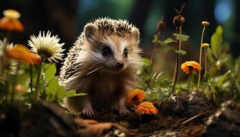 AI generated Cute hedgehog sitting on grass, alert in autumn forest generated by AI photo