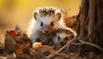 AI generated Cute hedgehog sitting on grass, alert in autumn forest generated by AI photo