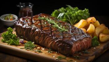 ai generado A la parrilla bife, cerdo, y papas fritas en un gastrónomo plato generado por ai foto