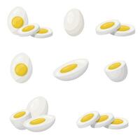 A set of boiled eggs. Whole eggs without shells, halves, pieces and slices. Vector illustration.