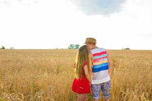 Rear view of young couple in the wheat field. Summer or autumn season, copy space photo