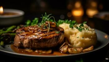 ai generado A la parrilla bife, jugoso y licitación, en rústico de madera plato generado por ai foto