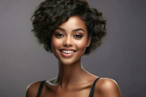 AI generated Young black woman with smooth skin and beautiful short, black hair. Beauty and cosmetics advertising concept image. photo