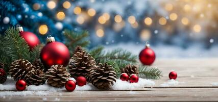 ai generado festivo bandera con Navidad decoraciones, piñas, y abeto ramas en un cubierto de nieve de madera mesa, con bokeh luces en un azul antecedentes. foto