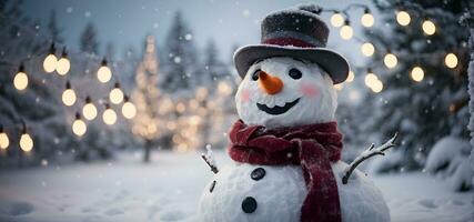 ai generado un monigote de nieve con un bufanda y un sombrero en un invierno mundo maravilloso. foto