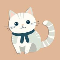 white cat Cutewith a scarf. Vector illustration in flat cartoon style.