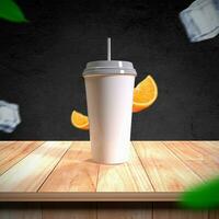 Realistic soda bottle mockups on wooden table, Front view of white disposable paper cup with white insulated lid and straw, Soda bottles for branding. photo