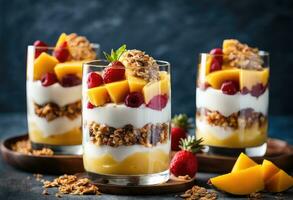 ai generado un delicioso Fruta parfait con capas de Granola, mango, piña, y Coco. foto