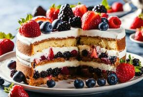 AI generated A decadent fruit cake with layers of sponge cake and whipped cream decorated with strawberries, blueberries, raspberries, and blackberries. photo