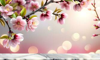 AI generated Blooming plum tree branch over marble surface photo