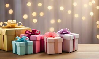 AI generated Five gift boxes on wooden surface, soft bokeh light photo