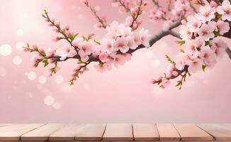 AI generated Blooming plum tree branch over marble surface photo