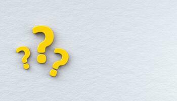 Banner with 3d question marks. Three yellow questions on a white background photo