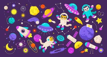 Cute kids space with cats astronauts. Cheerful cat in fantastic galaxy. Flat vector set with planets, spaceships and flying saucers.