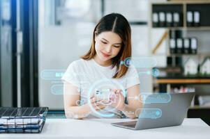 Woman using chat bot in smartphone intelligence Ai. Chat with AI Artificial Intelligence, developed by OpenAI generate. robot photo