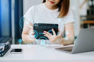 Cyber security data protection Business working on compute Intelligenc digital tablet global network connection data science digital marketing photo