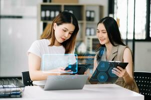 Woman using chat bot in smartphone intelligence Ai. Chat with AI Artificial Intelligence, developed by OpenAI generate. robot photo