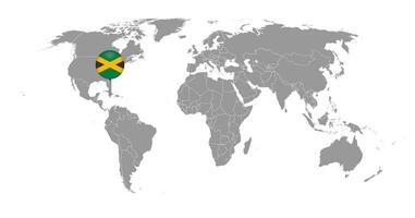 Pin map with Jamaica flag on world map. Vector illustration.