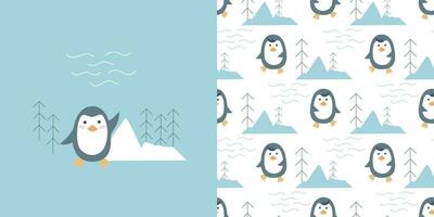 Hand drawn penguin set card and seamless pattern vector