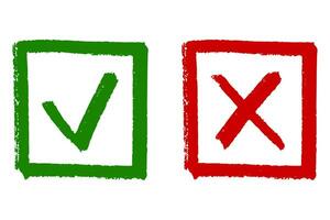 Clipart set of marker checkmarks and red cross in a square frame isolated on a white background. Vector textured grunge elements, to-do list, hand drawn doodle.