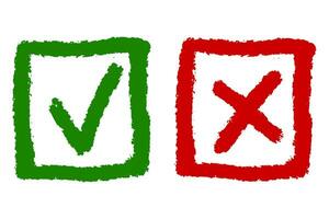 clipart conjunto de grueso desigual verde marca de verificación y rojo cruzar en un cuadrado marco aislado en un blanco antecedentes. vector texturizado grunge elementos, que hacer lista, mano dibujado garabatear.