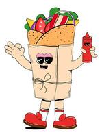 Cute shawarma character in retro cartoon style.Doner kebab mascot with a happy face expression. Burrito, fast food joyful funny emoticons vector illustration on white isolated background.