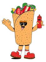 linda shawarma personaje en retro dibujos animados estilo.doner brocheta mascota con un contento cara expresión. burrito, rápido comida alegre gracioso emoticones vector ilustración en blanco aislado antecedentes.