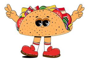 Cute taco character in retro cartoon style. Fast food mascot vector illustration on white isolated background.