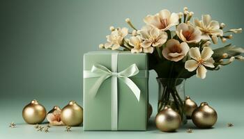 AI generated A shiny gift box wrapped in gold paper illuminates love generated by AI photo