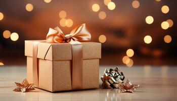 AI generated A shiny gift box wrapped in gold paper illuminates love generated by AI photo