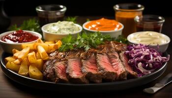 ai generado A la parrilla bife, cerdo, y vegetales en un gastrónomo plato generado por ai foto