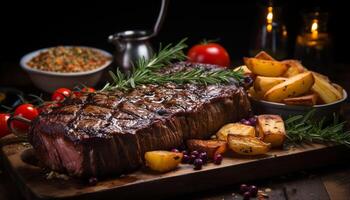 ai generado A la parrilla bife, cerdo, y vegetales en un gastrónomo plato generado por ai foto