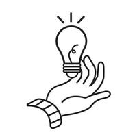 Hand palm with light bulb lamp on top. Vector icon outline isolated on square white background. Simple flat minimalist cartoon art styled drawing. Idea, creativity, and development themed symbol.