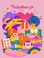 Cute illustration for Valentine's Day. Design with a couple in love surrounded by hearts, playful cats, gifts and sweets. Suitable for greetings, creating your own valentine and more vector