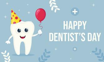 Dentist's day greeting banner with cute tooth charter holding a balloon vector