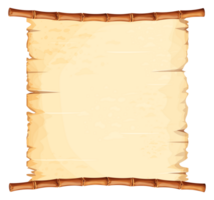 Bamboo frame with old parchment paper decorated with rope in cartoon style isolated on white background. Game ui board, sign. Vector illustration png